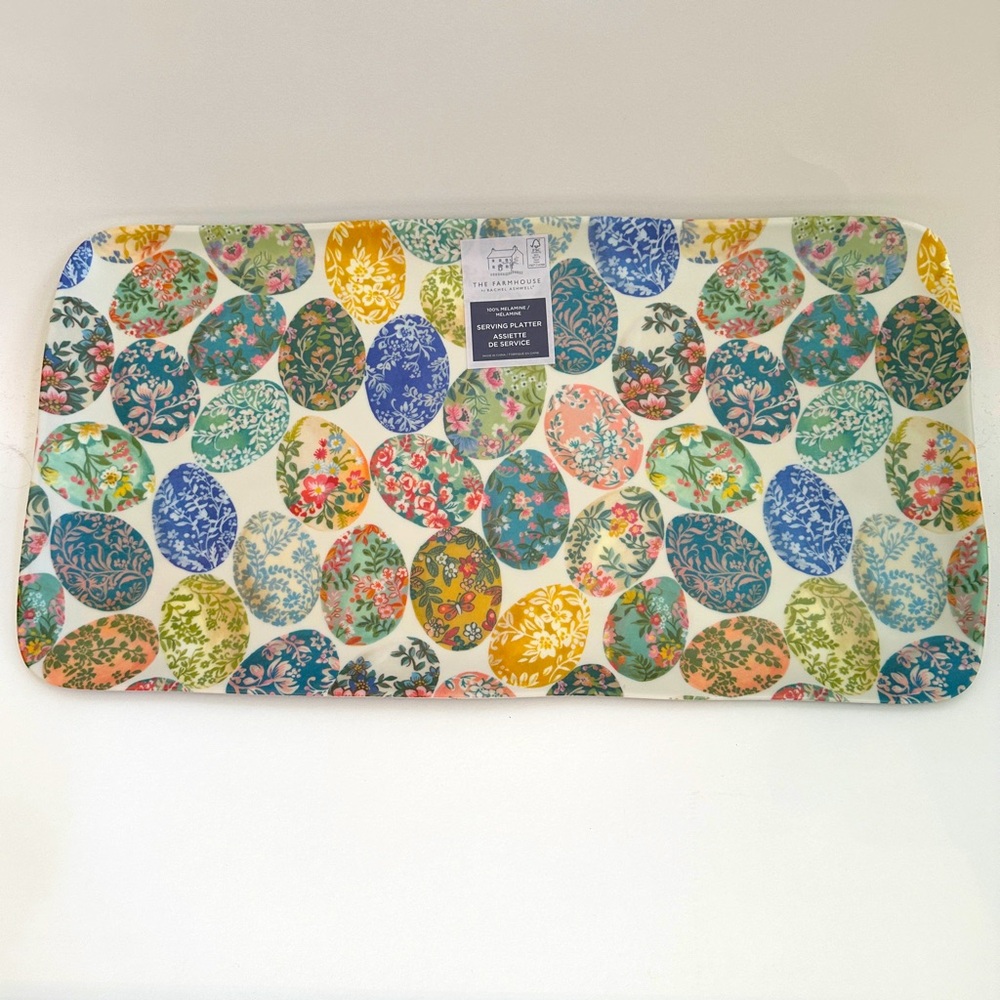NEW Floral Embellished Vintage Inspired Colorful Egg Print Melamine Platter